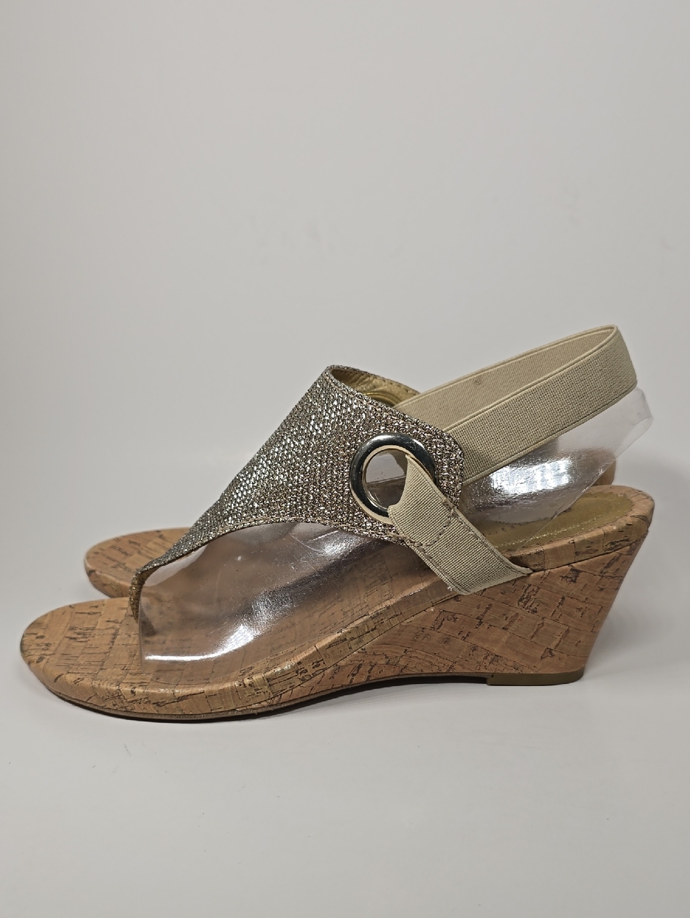 Womens Gold Glitter Cork Wedge Sandals Size 8M - Picture 2 of 8